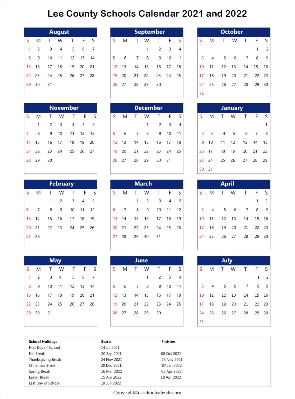Lee County School Calendar with Holidays 2021 2022