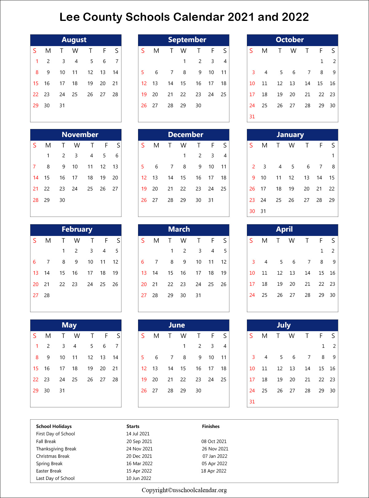 Lee County School Calendar with Holidays 2021-2022