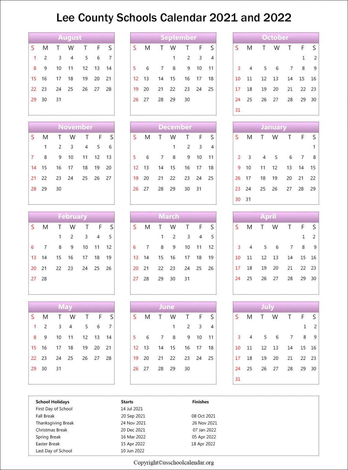 Lee County School Calendar with Holidays 2021-2022