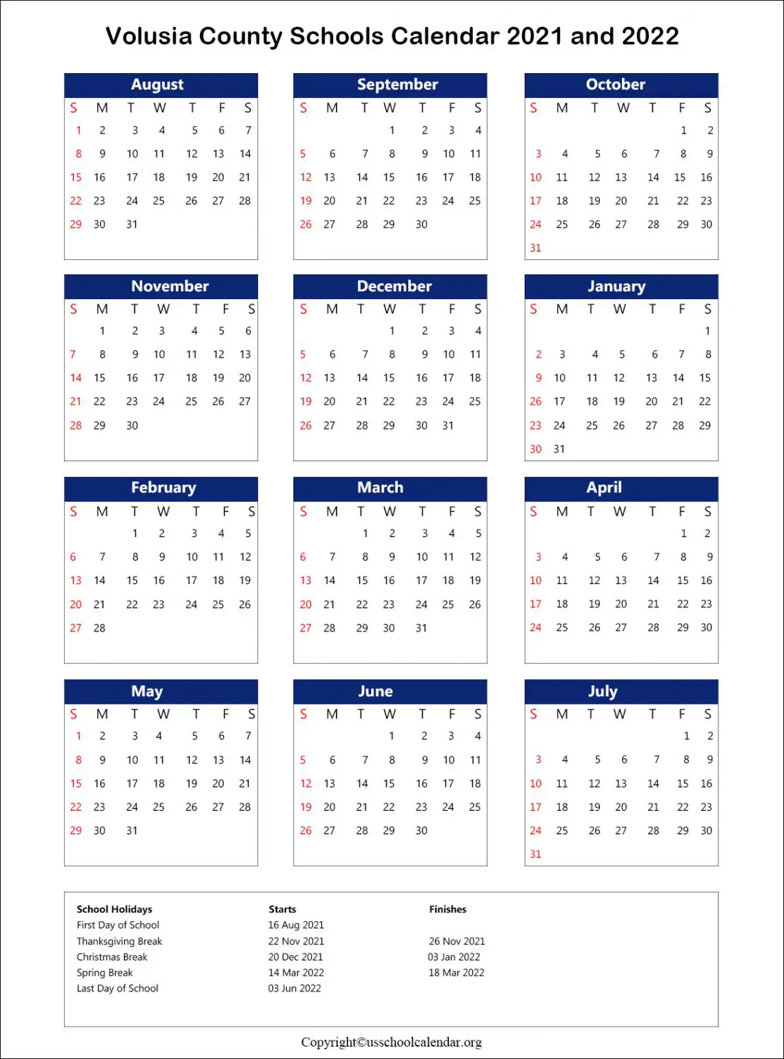 Volusia County School Calendar with Holidays 20212022