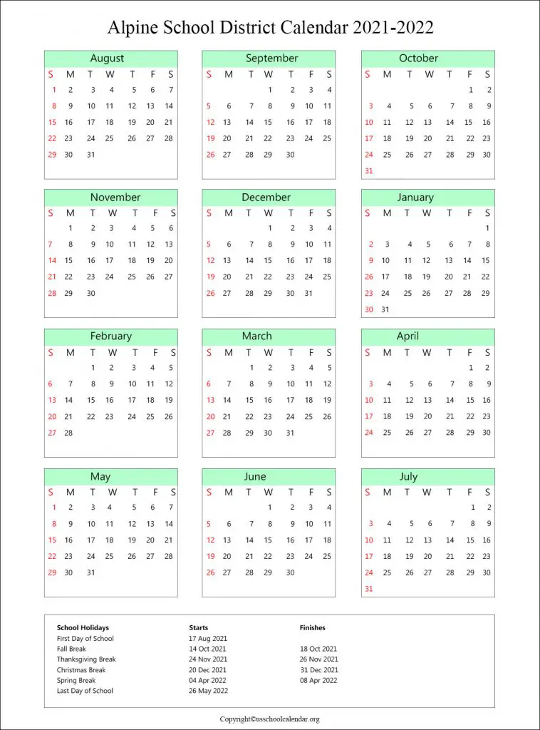 Alpine School District Calendar 