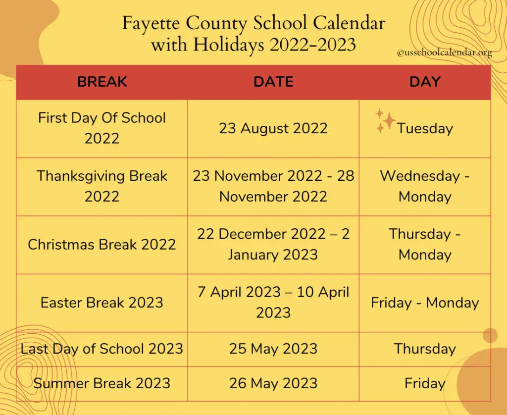 Fayette County School Calendar with Holidays 2022-2023