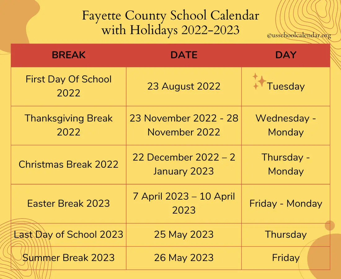 Fayette County School Calendar 20222023 US School Calendar