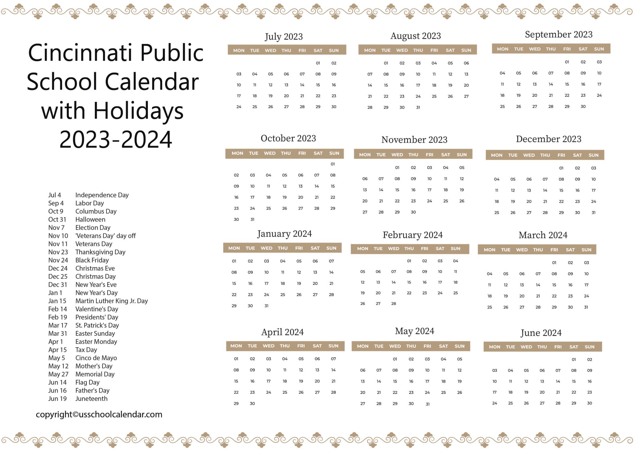 Cincinnati Public School Calendar with Holidays 20232024