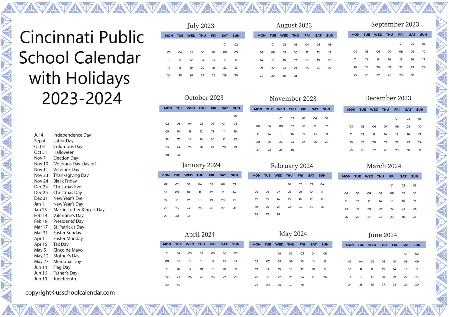 Cincinnati Public School Calendar with Holidays 20232024