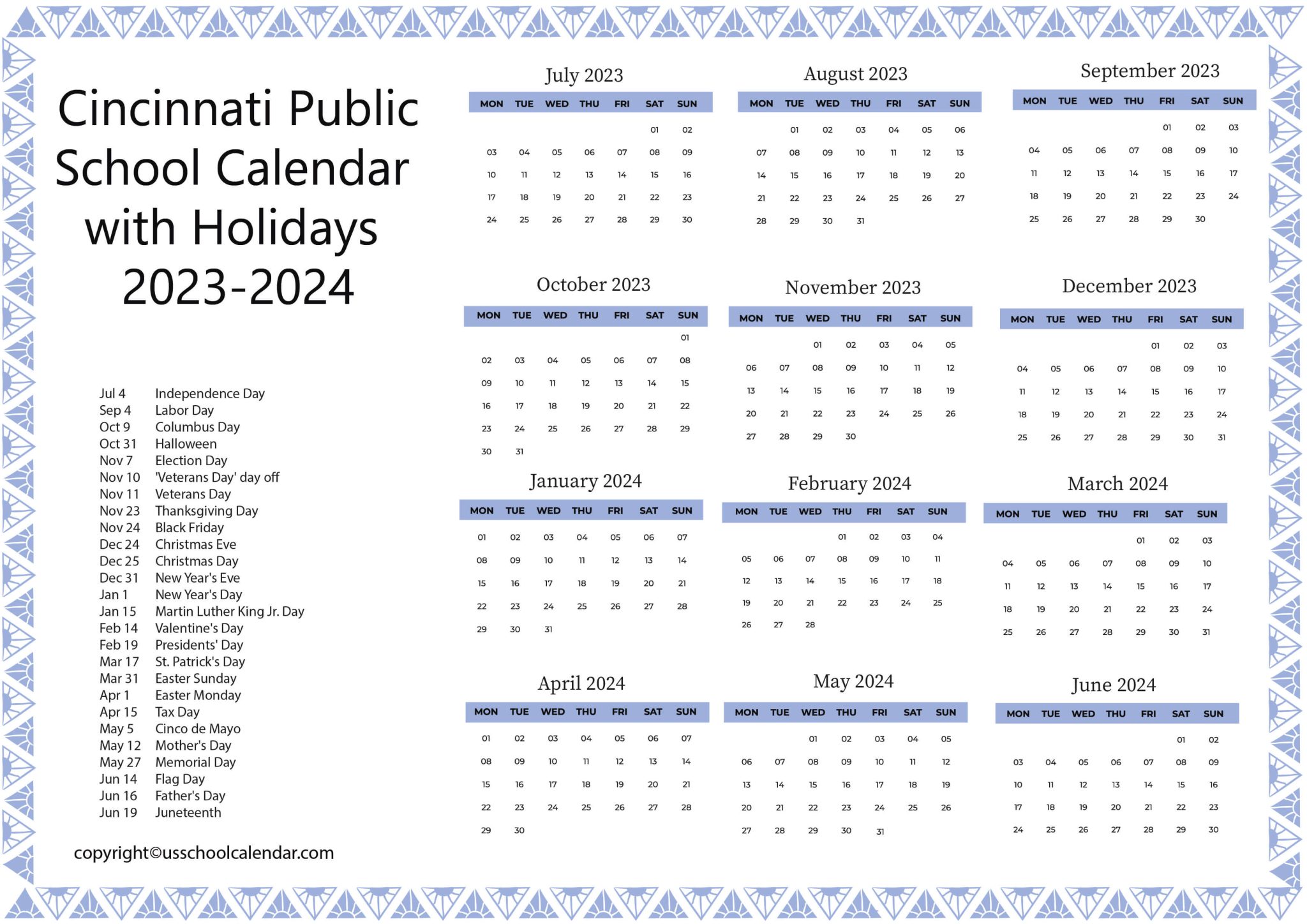 Cincinnati Public School Calendar with Holidays 2023 2024