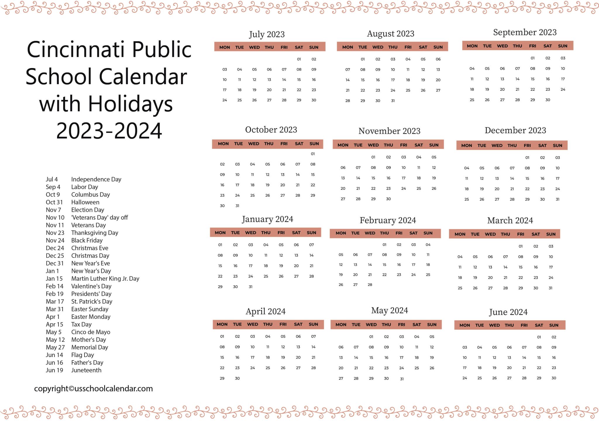 Cincinnati Public School Calendar with Holidays 20232024