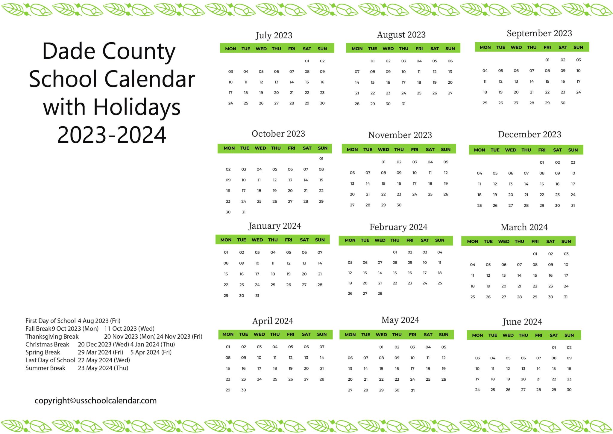 Dade County School Calendar with Holidays 20232024