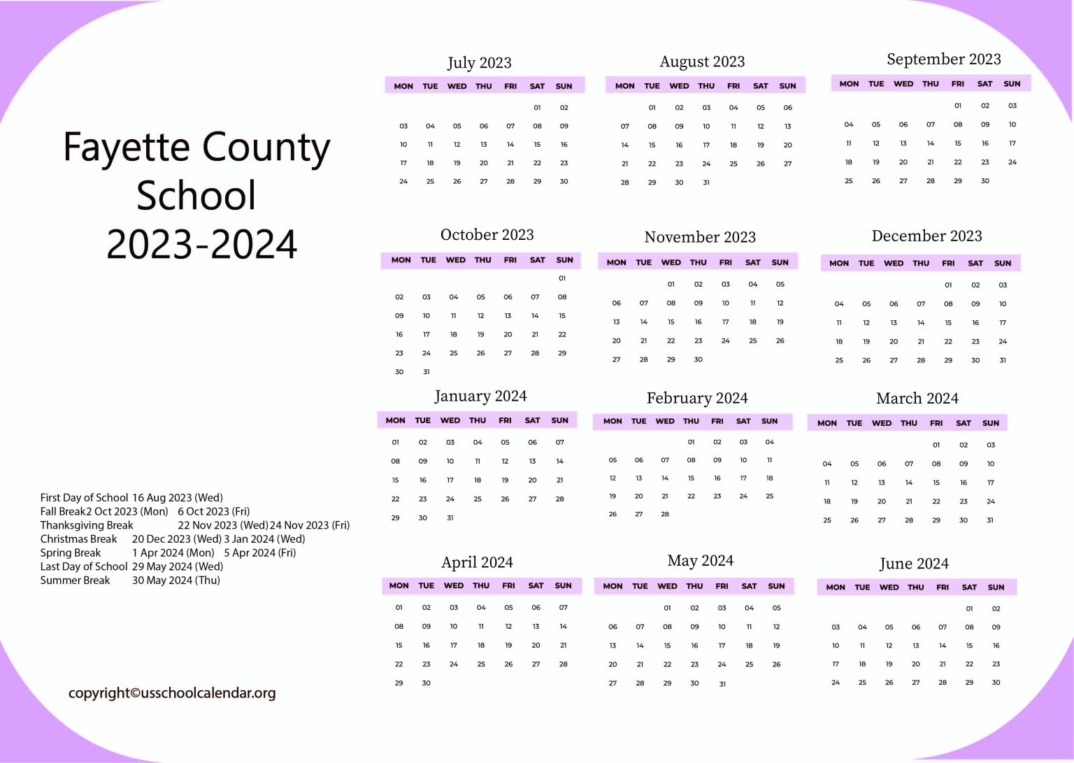 Fayette County School Calendar with Holidays 2023 2024