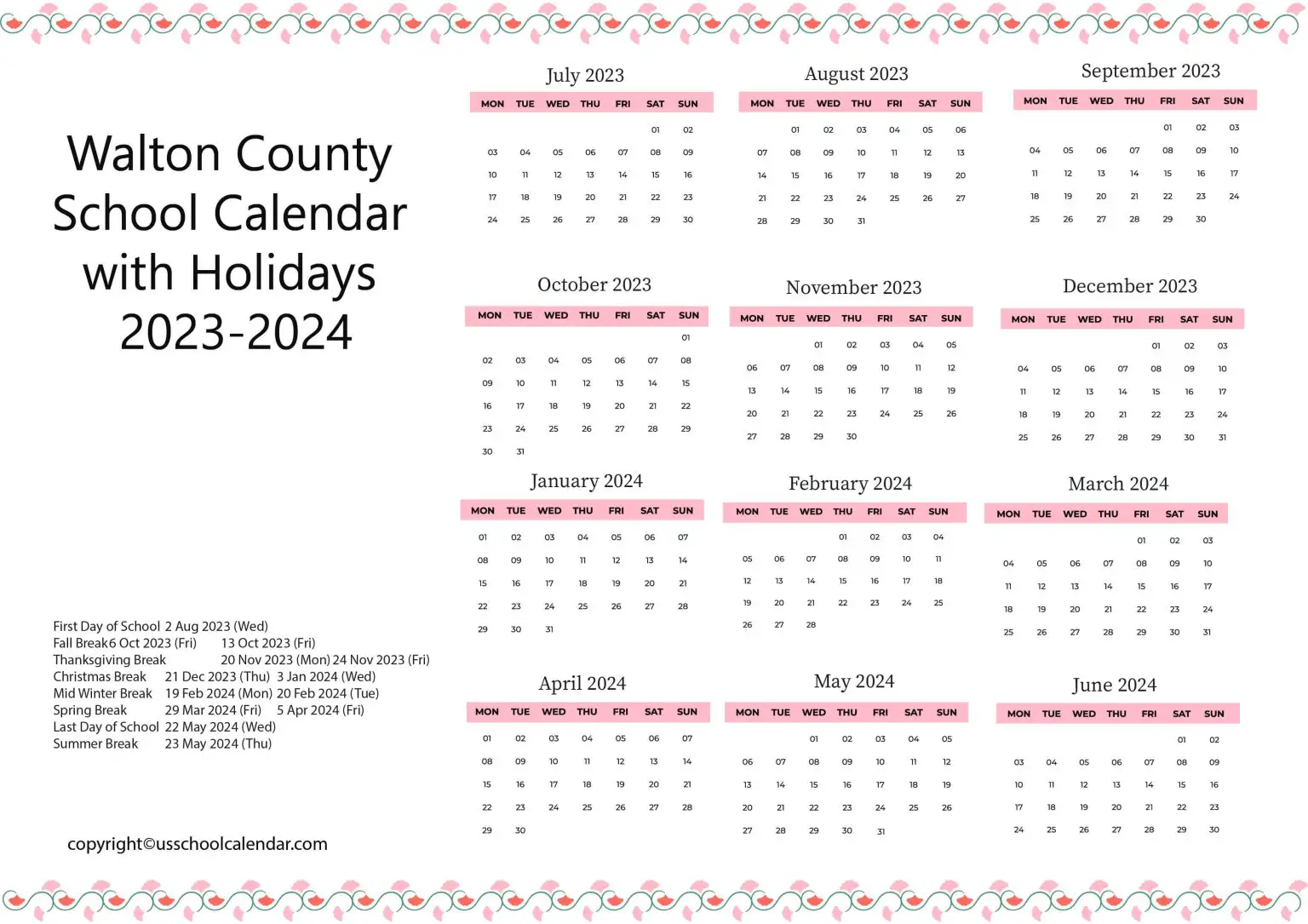 Walton County School Calendar with Holidays 20232024