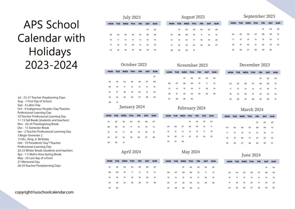 APS School Calendar With Holidays 2023 2024