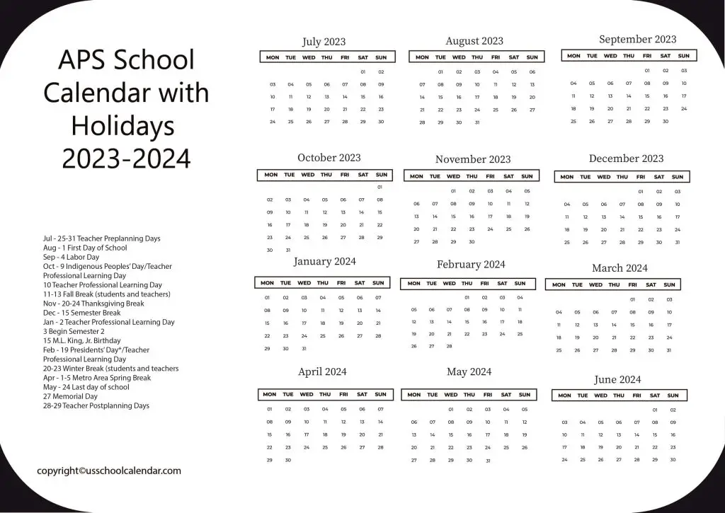 APS School Holiday Calendar