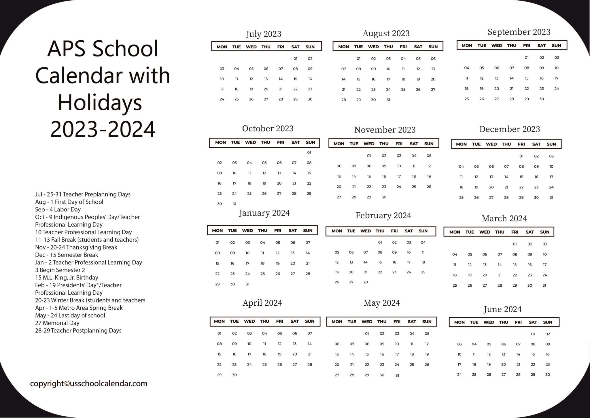 APS School Calendar with Holidays 2023 2024