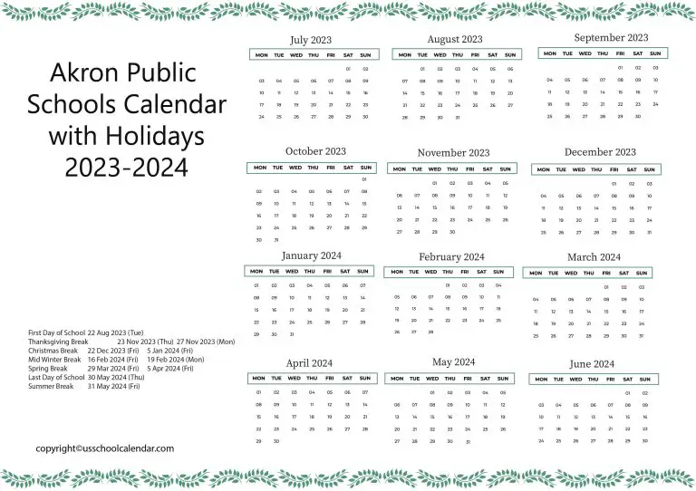 Akron Public Schools Calendar with Holidays 20232024