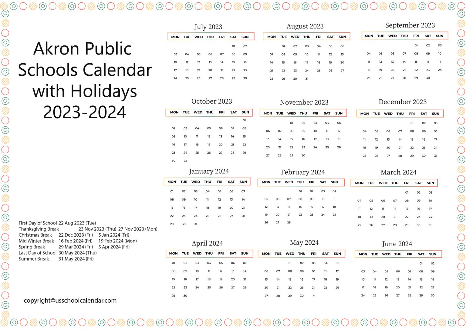 Akron Public Schools Calendar with Holidays 20232024