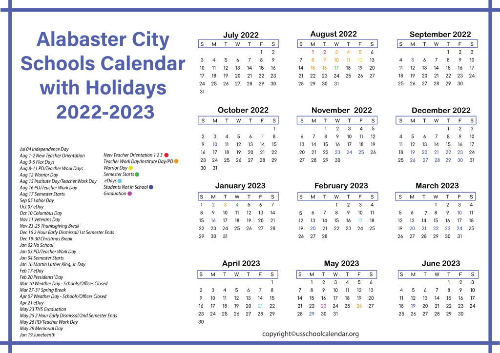 Alabaster City Schools Calendar with Holidays 2022-2023