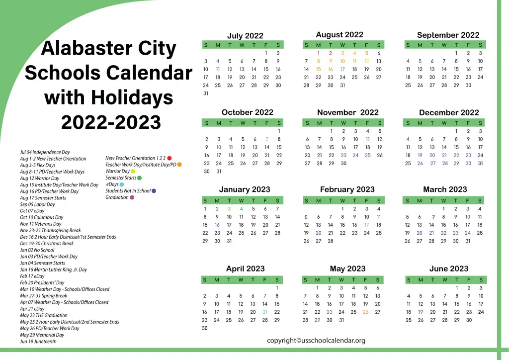 Alabaster City Schools Calendar with Holidays 2022-2023 2
