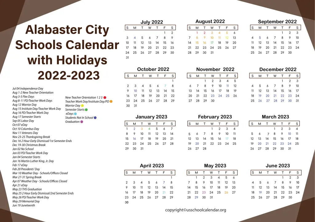 Alabaster City Schools Calendar with Holidays 2022-2023 3