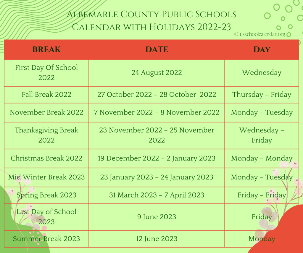 Albemarle County Public Schools Calendar with Holidays 2022-23
