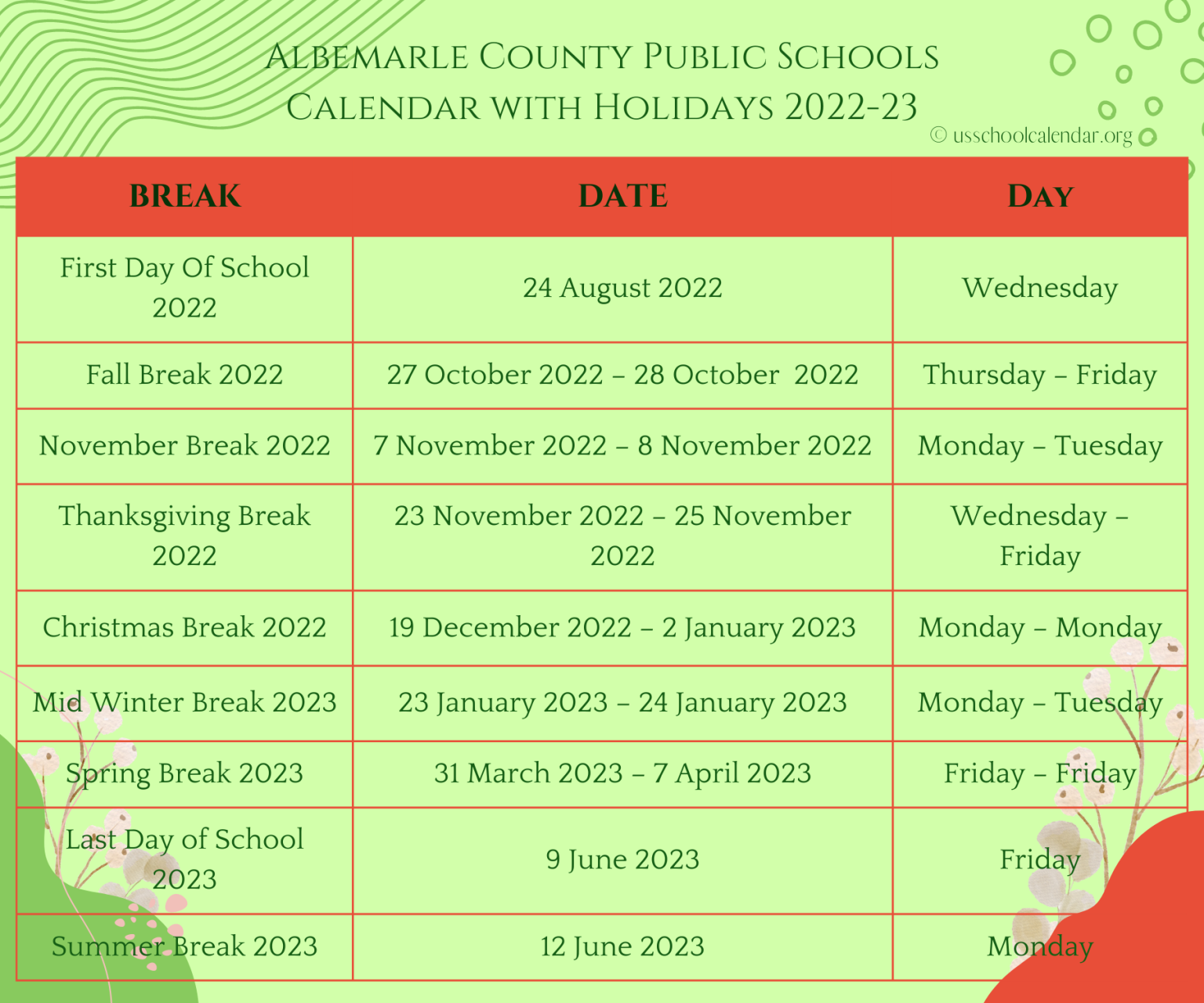 Albemarle County Public Schools Holiday Calendar US School Calendar