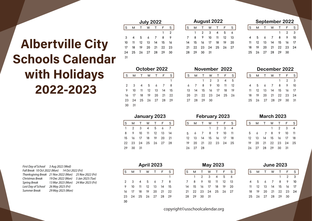Albertville City Schools Calendar with Holidays 2022-2023