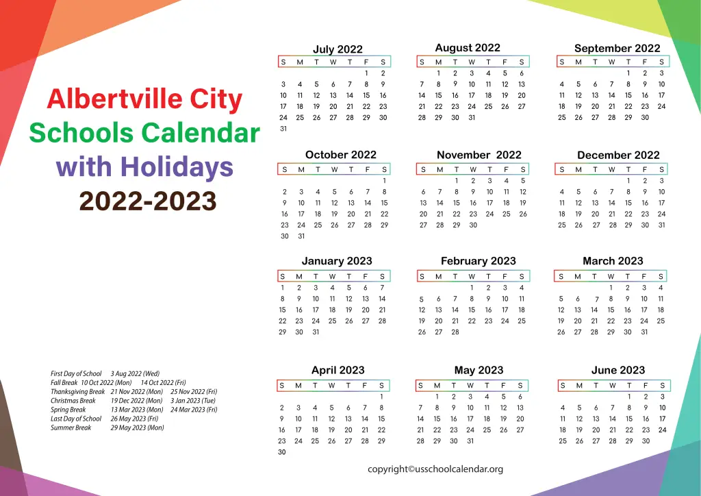 Albertville City Schools Calendar with Holidays 2022-2023 2