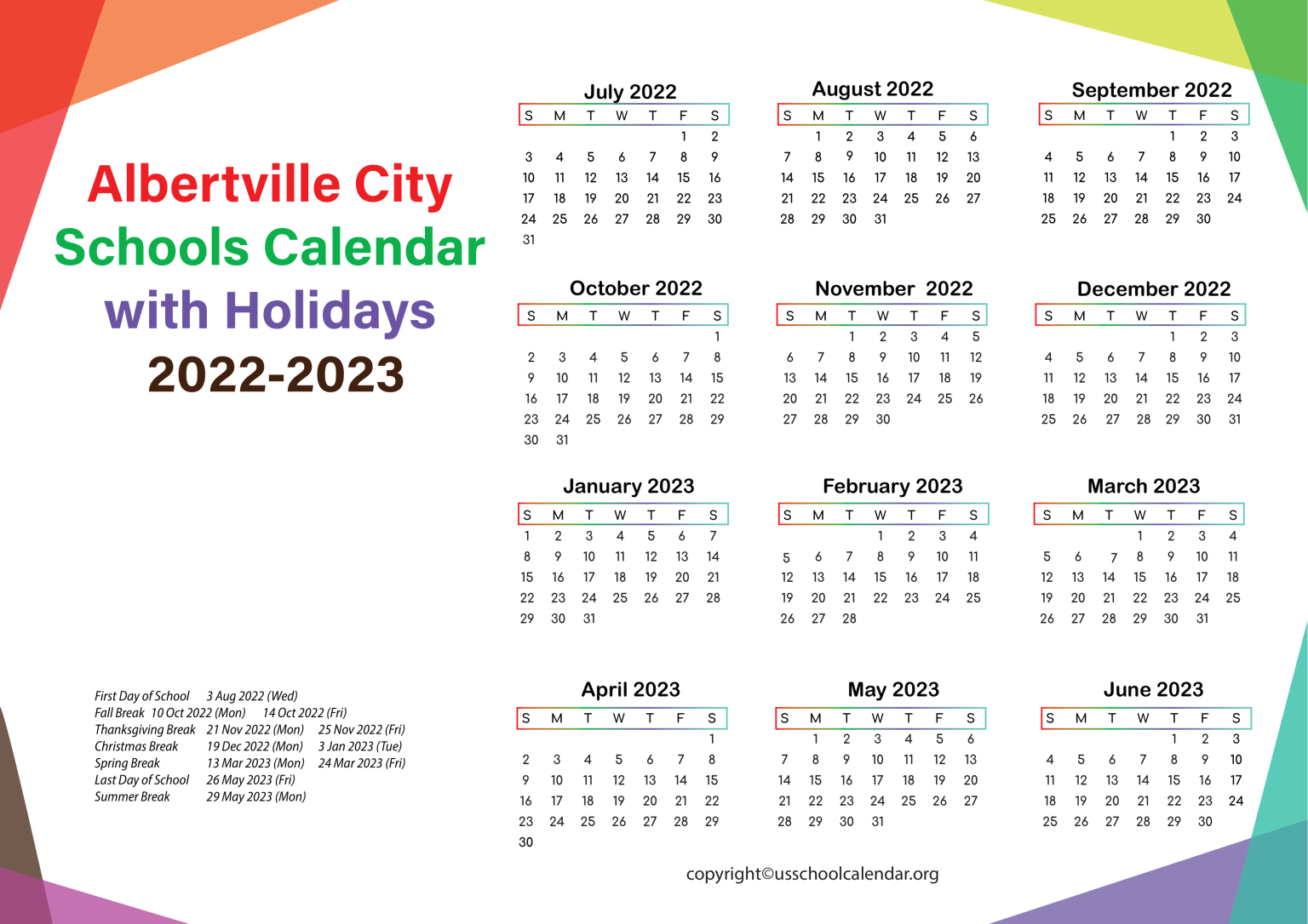 Albertville City Schools Calendar with Holidays 20222023