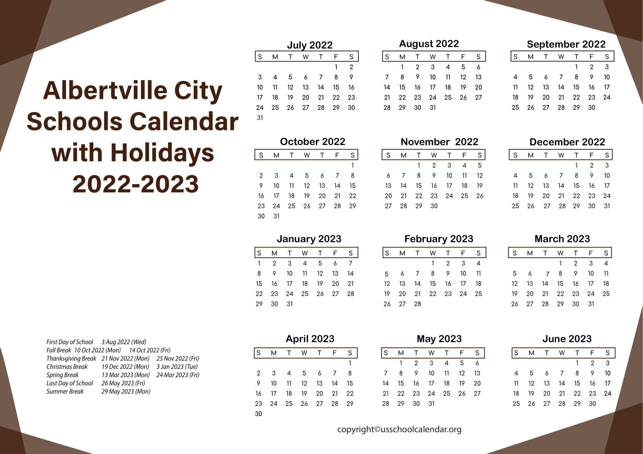 Albertville City Schools Calendar with Holidays 20222023