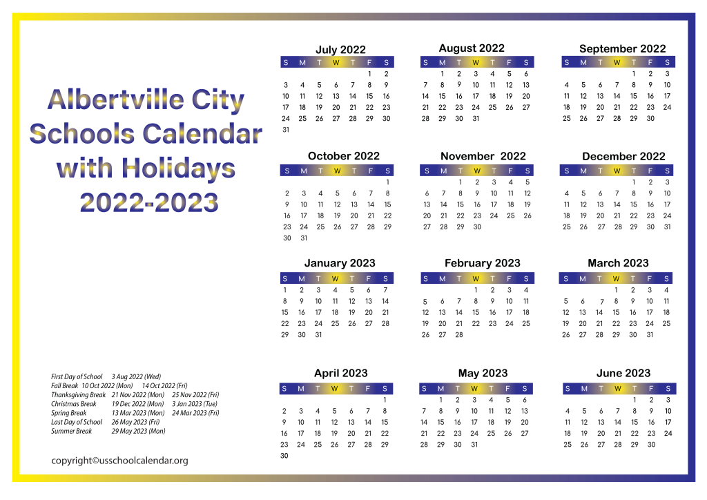 Albertville City Schools Calendar with Holidays 2022-2023 3