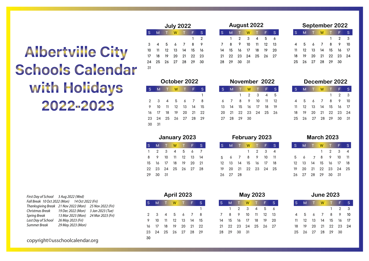 Albertville City Schools Calendar with Holidays 20222023
