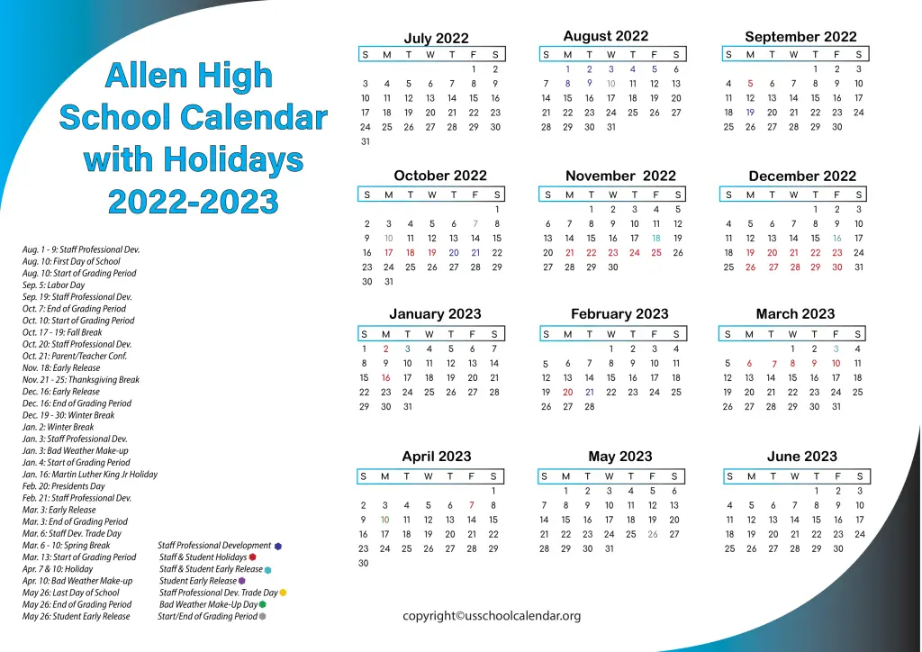 Allen High School Calendar with Holidays 2022-2023