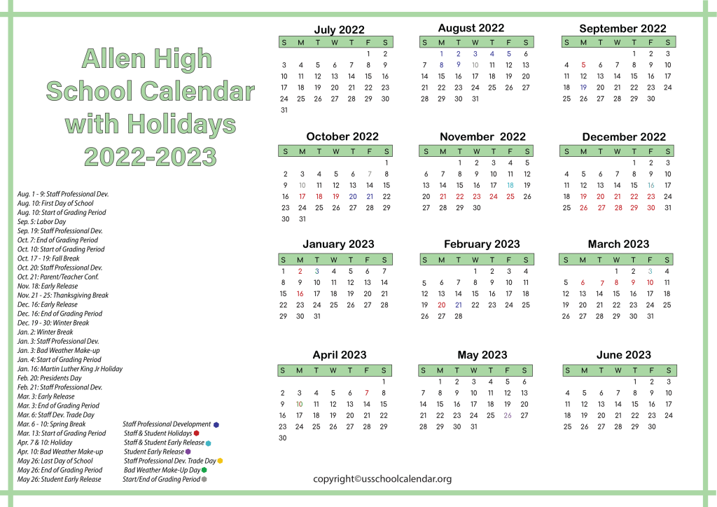 Allen High School Holiday Calendar US School Calendar