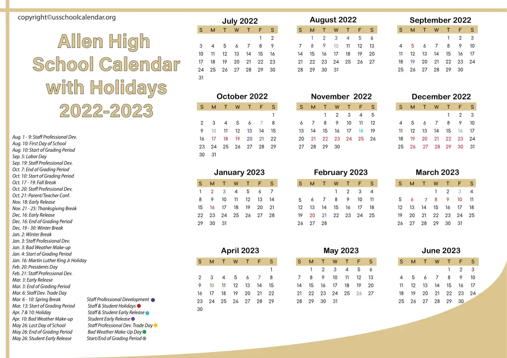 Allen High School Calendar with Holidays 2022-2023 3