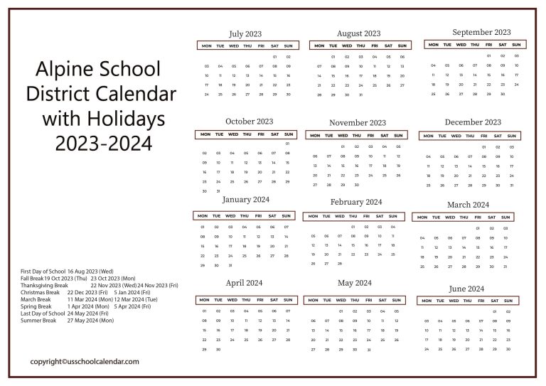 Alpine School District Calendar with Holidays 20232024