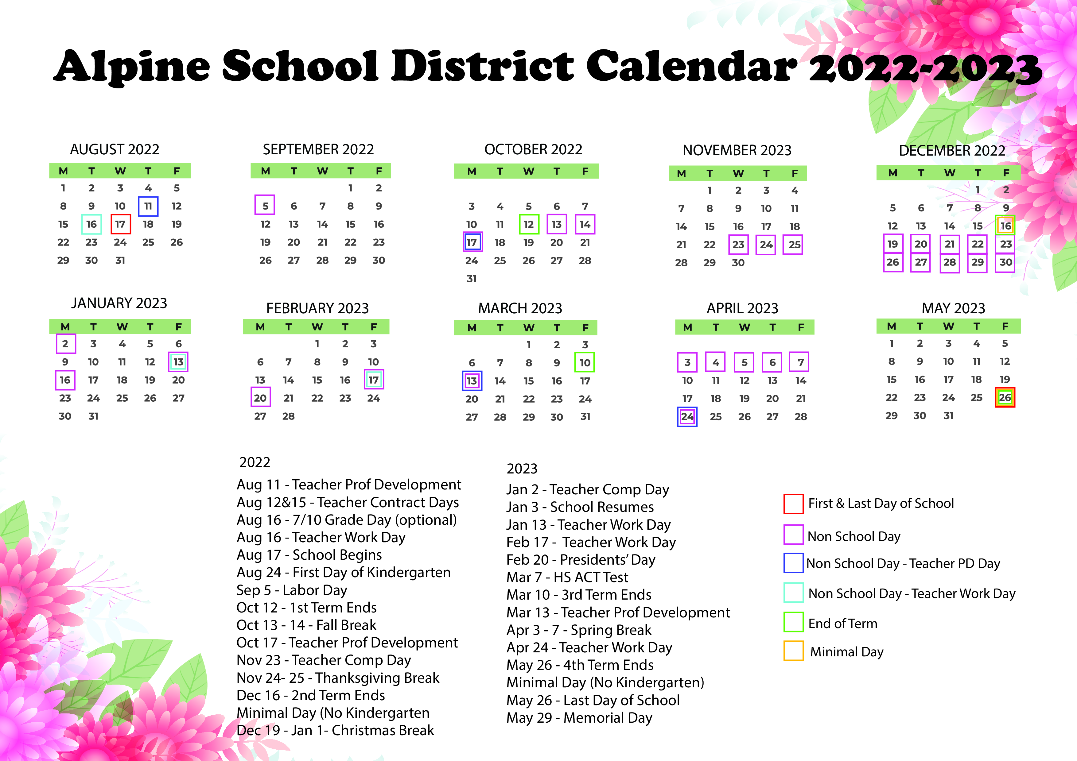 Alpine School District Calendar with Holidays 2022-2023