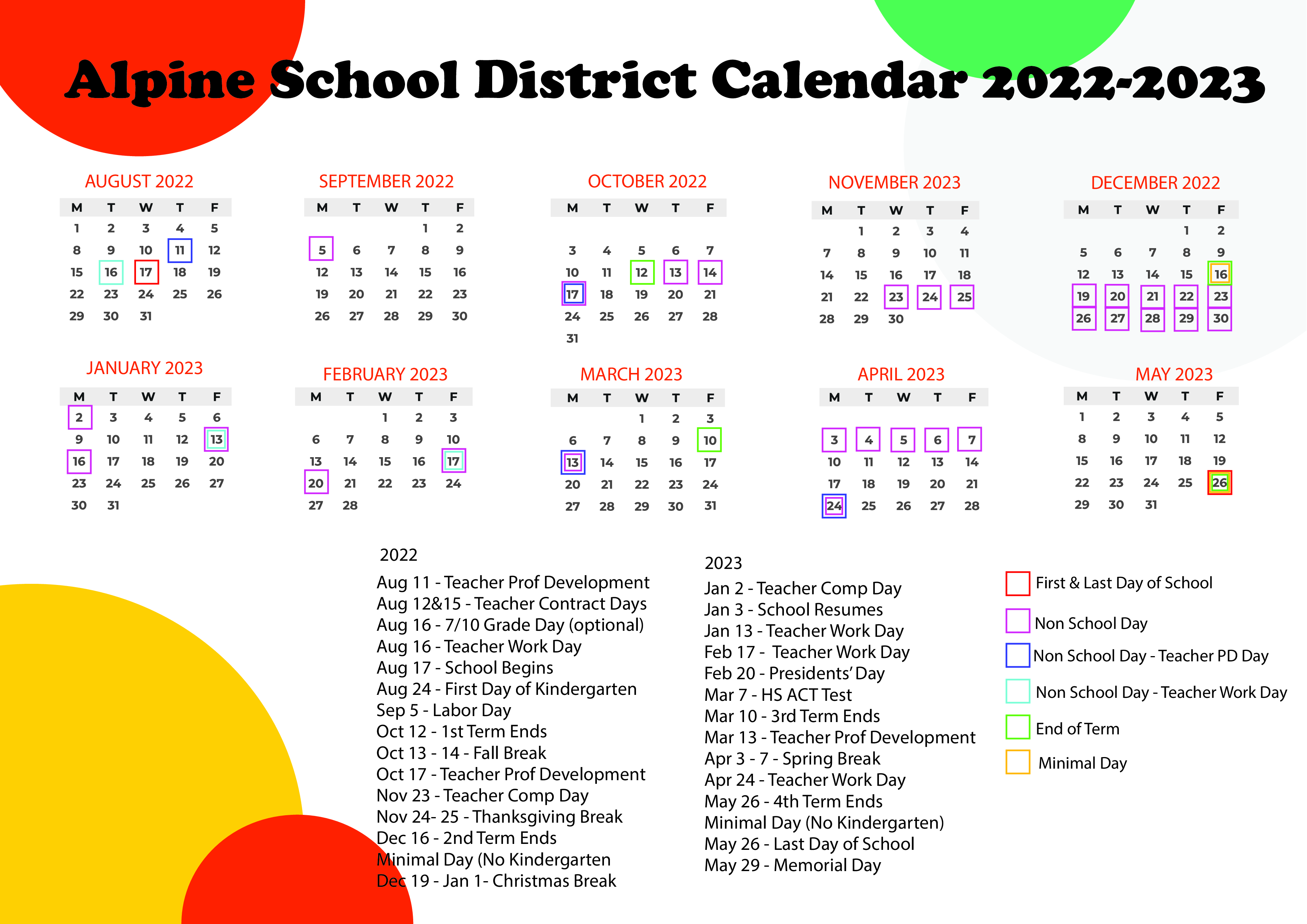 Alpine School District Calendar with Holidays 2022-2023