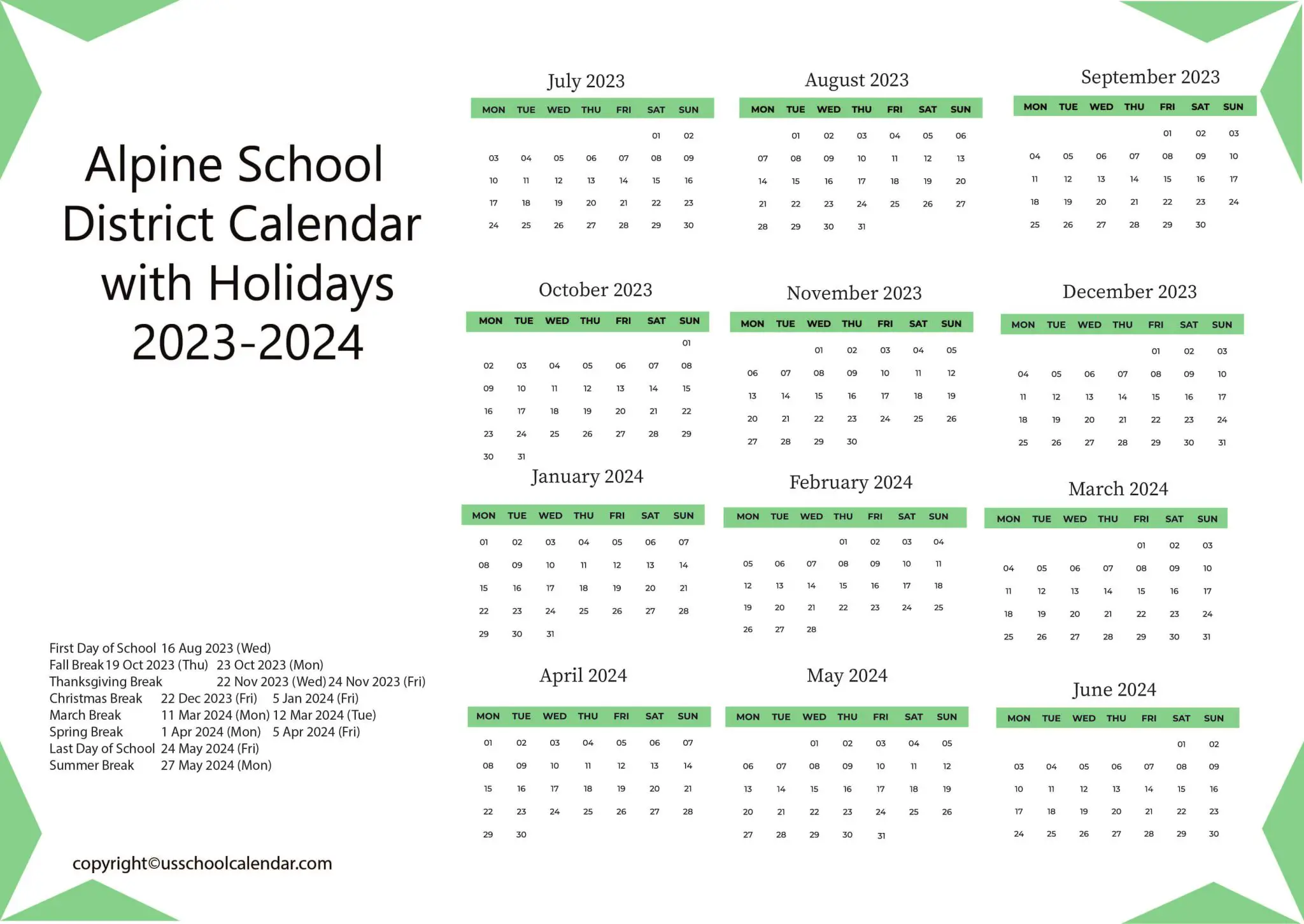 Alpine School District Calendar with Holidays 20232024
