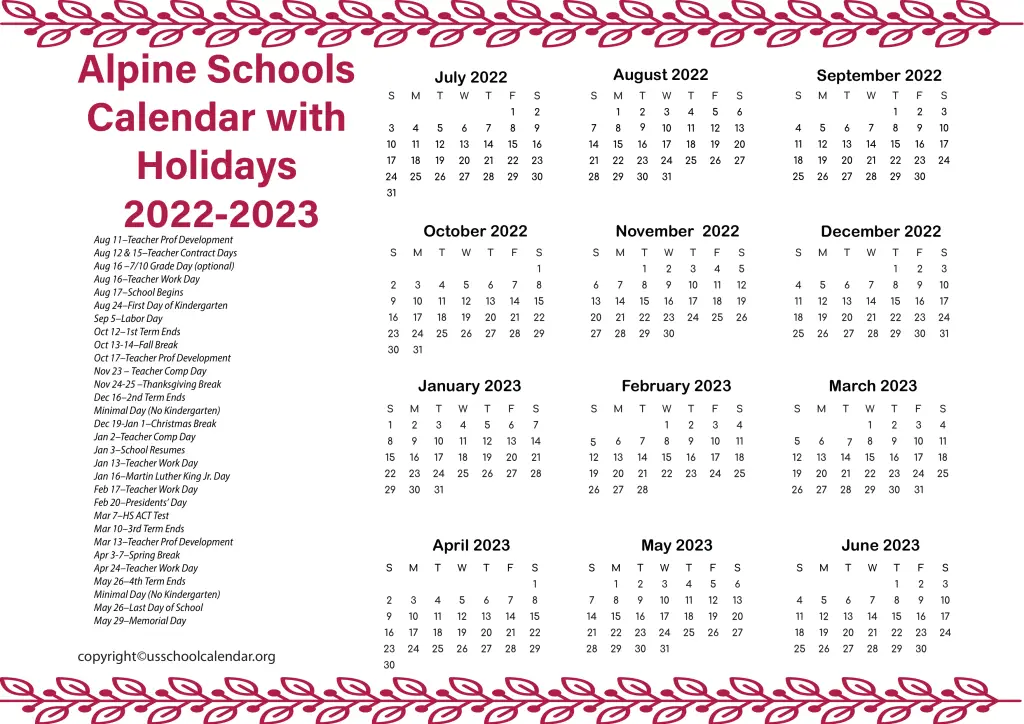 Alpine Schools Calendar with Holidays 2022-2023 2