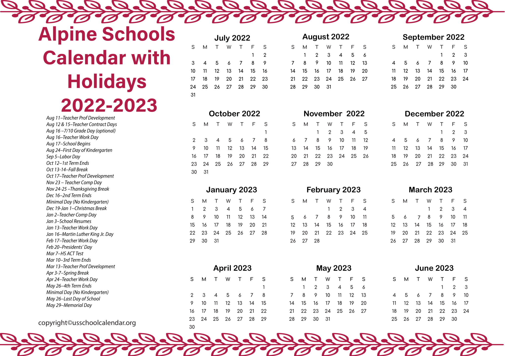 Alpine Schools Calendar with Holidays 20222023