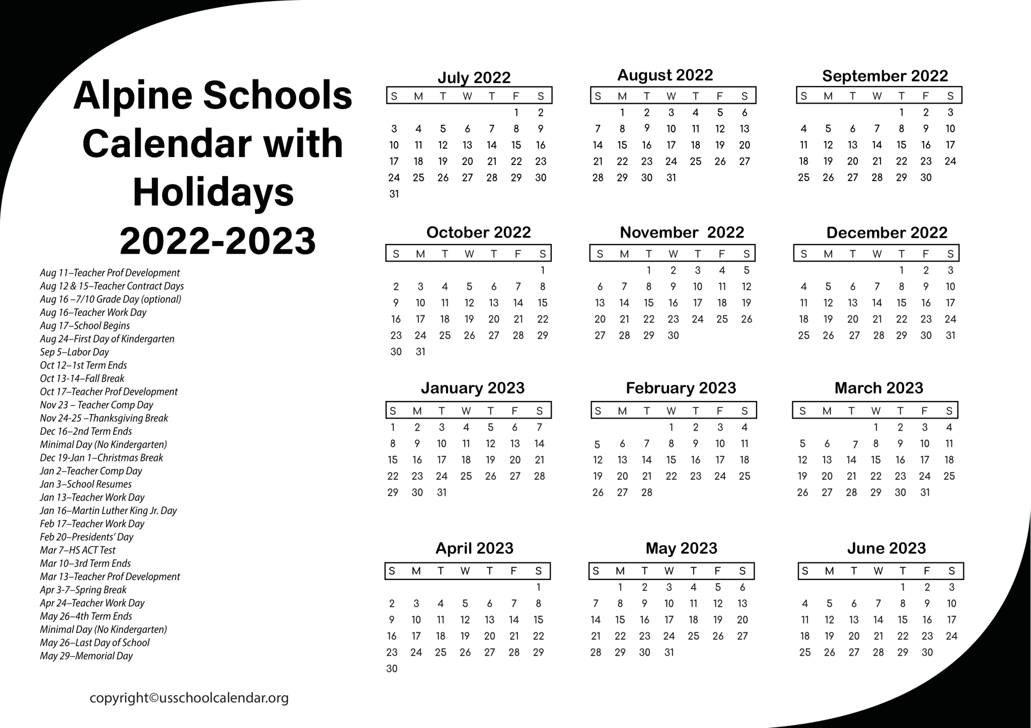 Alpine Schools Calendar With Holidays 2022-2023