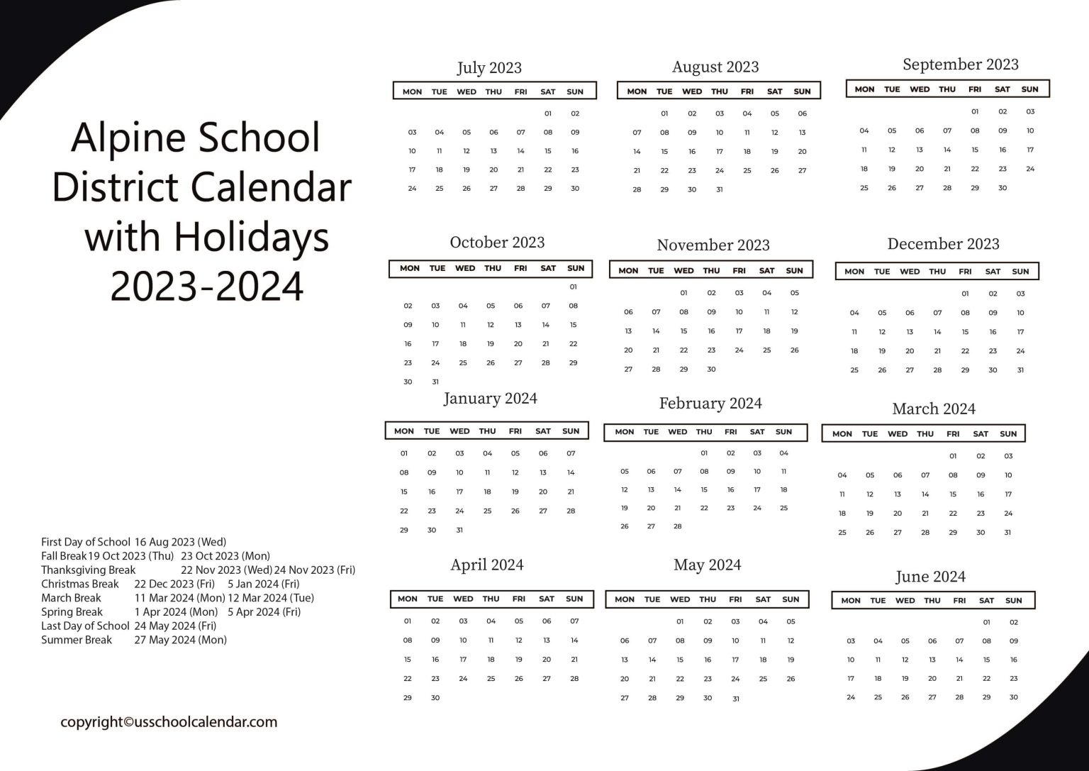 Alpine School District Calendar with Holidays 20232024