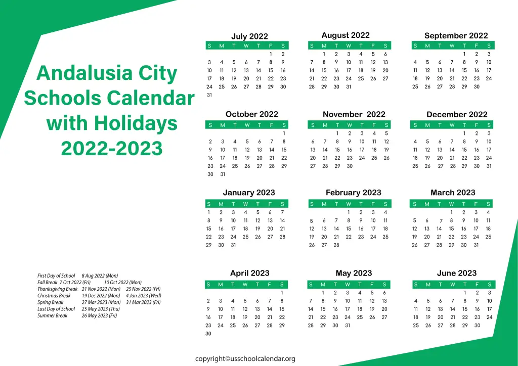 Andalusia City Schools Calendar with Holidays 2022-2023 2