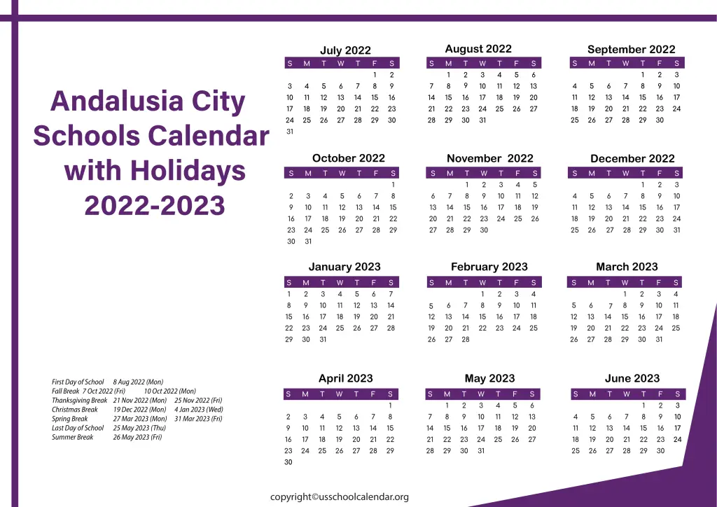 Andalusia City Schools Calendar with Holidays 2022-2023 3