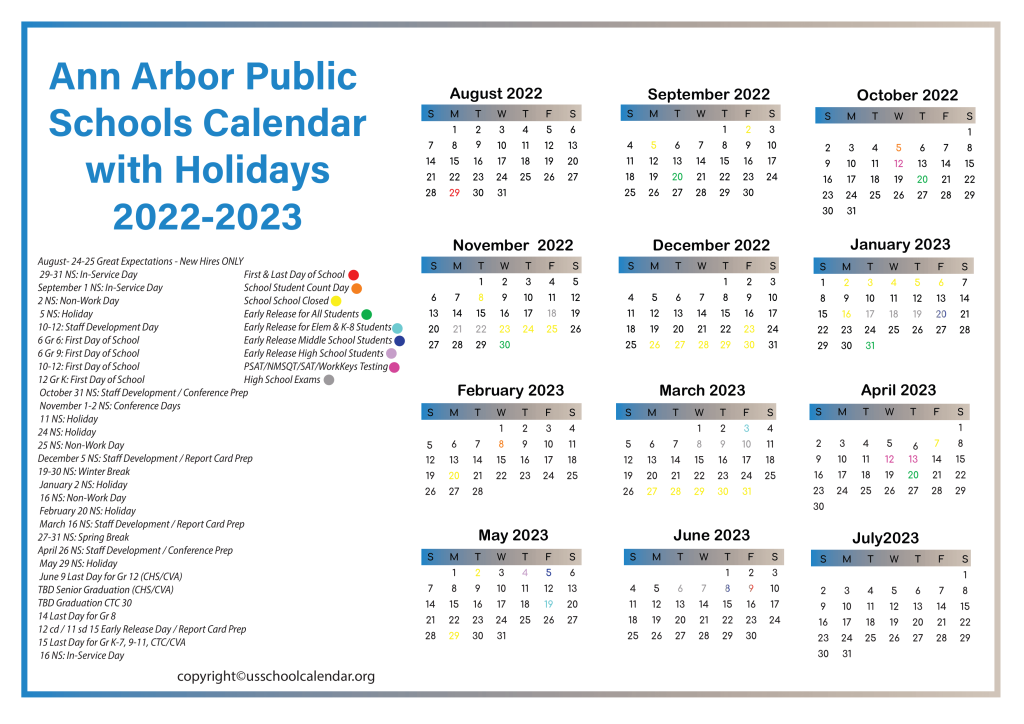 Ann Arbor Public Schools Calendar with Holidays 2022-2023