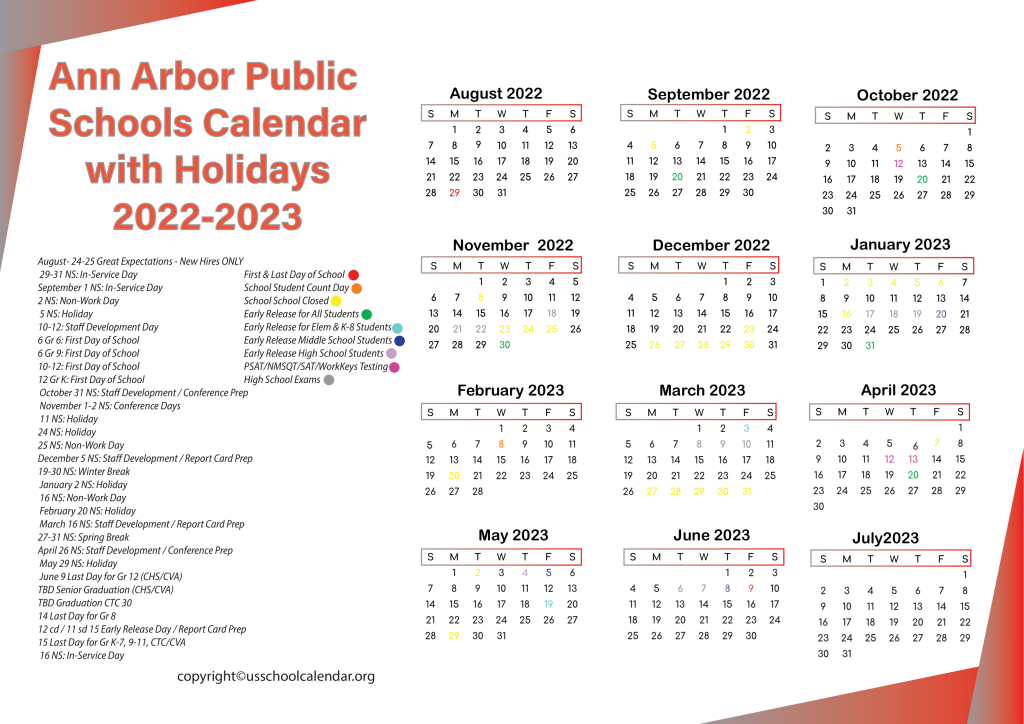 Ann Arbor Public Schools Calendar with Holidays 2022-2023 2