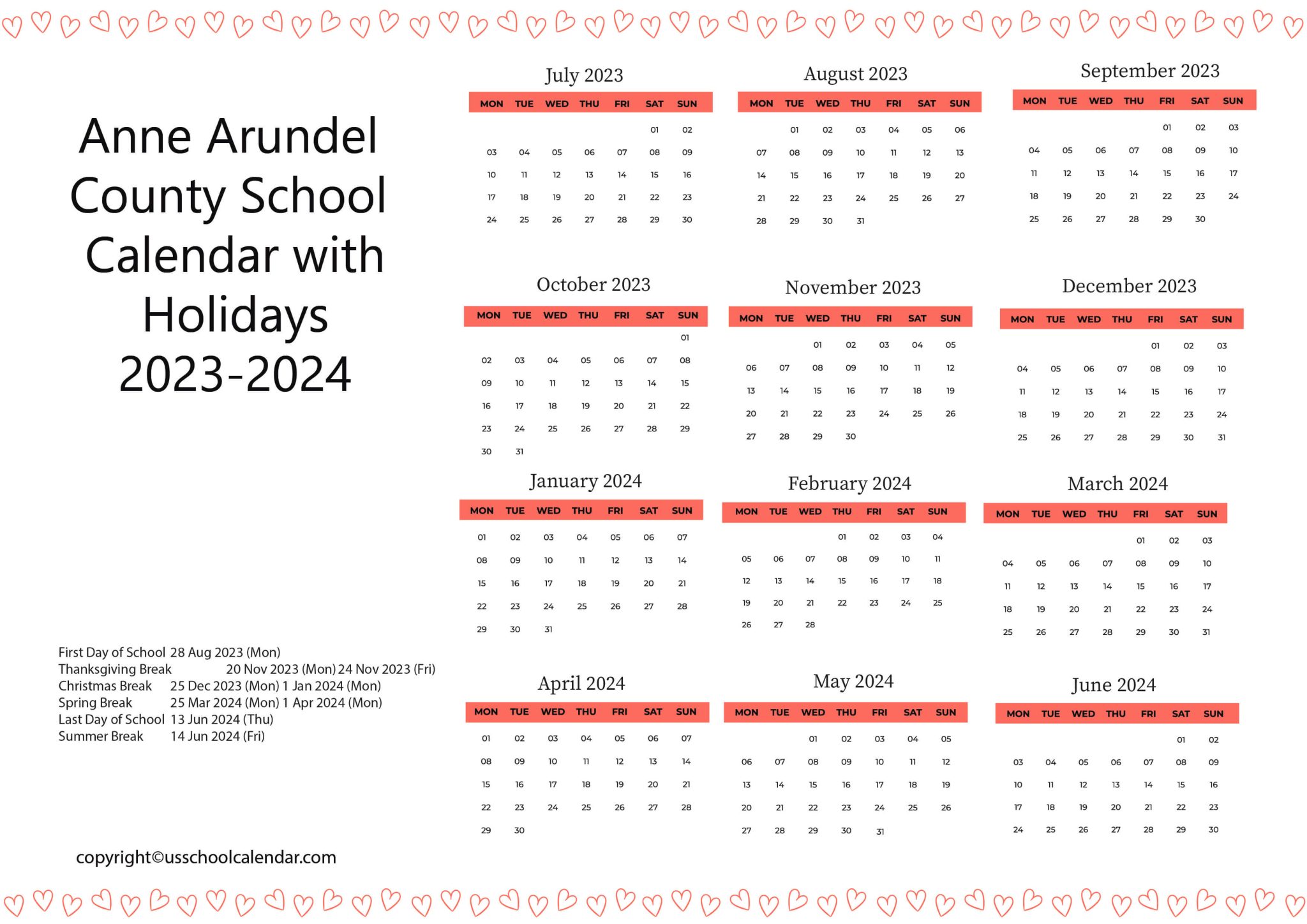 Anne Arundel County School Calendar with Holidays 2023-2024