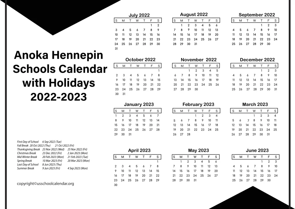 Anoka Hennepin Schools Calendar with Holidays 2022-2023