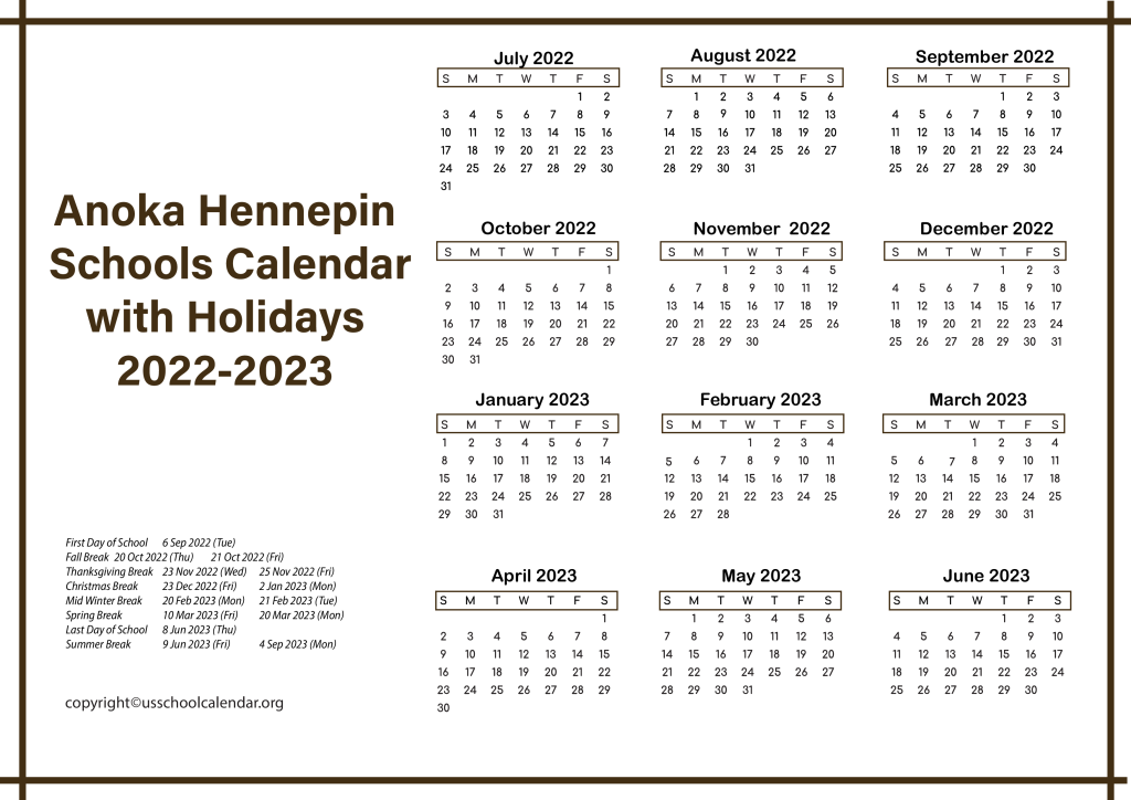 Anoka Hennepin Schools Calendar with Holidays 2022-2023 2