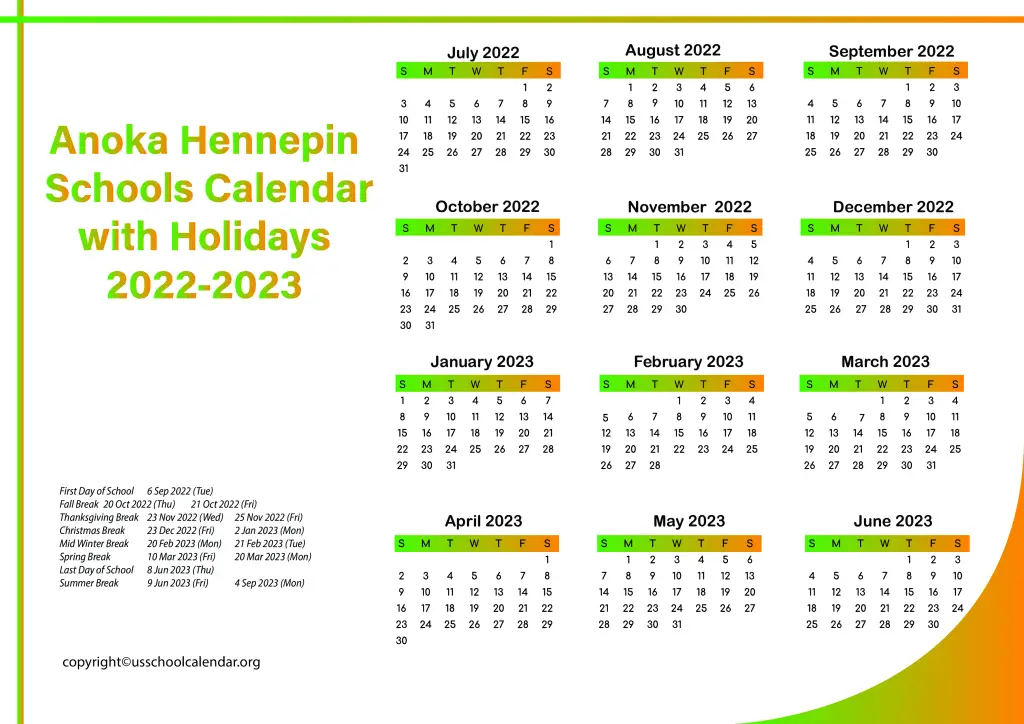 Anoka Hennepin Schools Calendar with Holidays 2022-2023 3