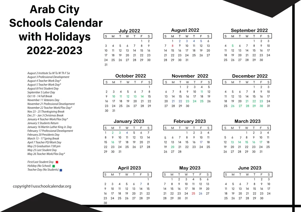 Arab City Schools Calendar with Holidays 2022-2023 2